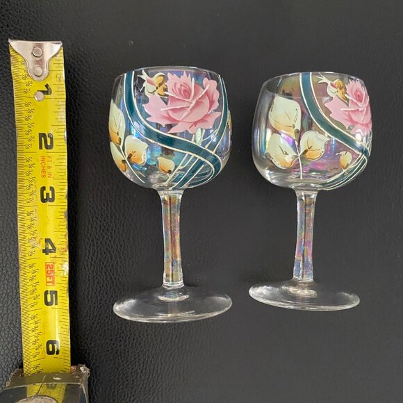 Wine Glass Small Hand Painted Rose and Buds Pink with Green 4.5" Set of Two - Picture 5 of 8